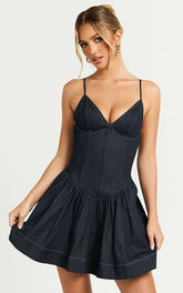 Betchie Mini Dress - V - Neck Strappy Drop Waist Gathered Skirt Denim Dress in Dark Raw Denim